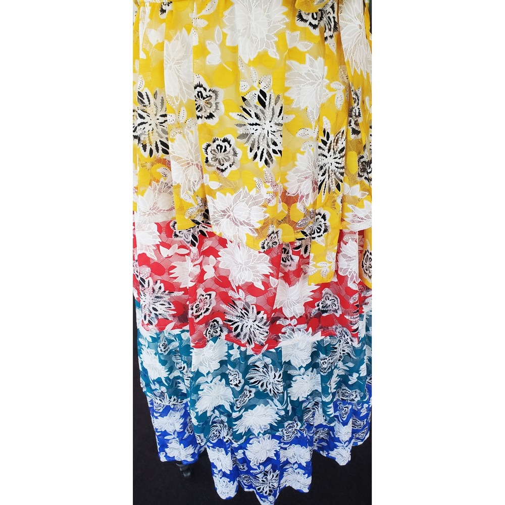 L'atiste by Amy Womens Floral Tiered Maxi Dress Yellow Red Blue S - Picture 3 of 7